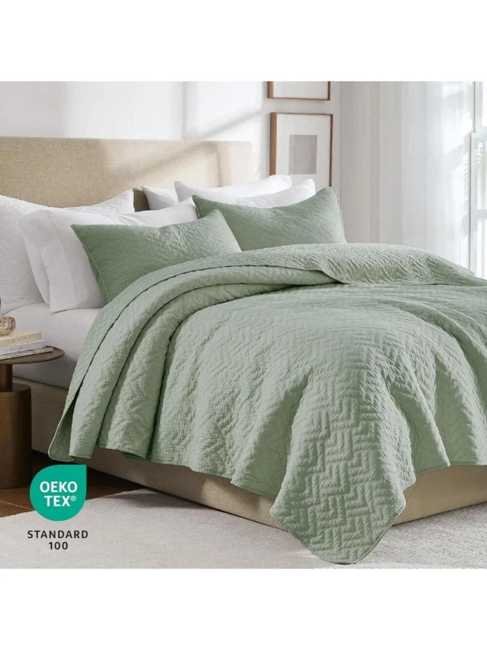 Sage Green 100% Cotton Textured Bedding Set, Cal King Size, 3 Pieces + 2 Pillow